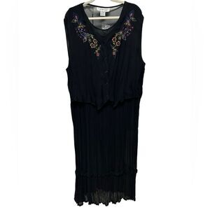 90’s Vintage Maggie Lawrence Sleeveless Black Midi Dress Embroidered Flowers